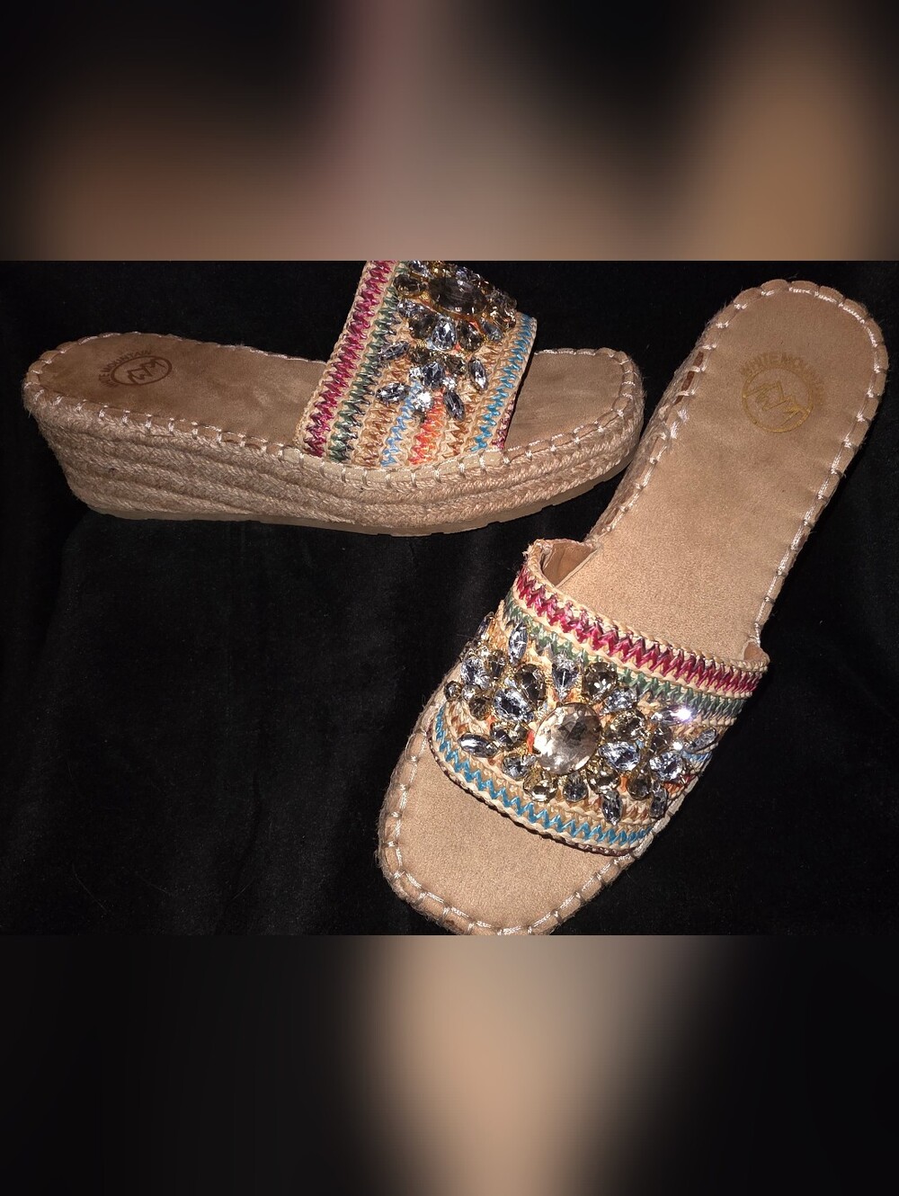 White‎ Mountain Bejeweled Rainbow Raffia Espadrille Wedge Slide Sandals Size 9.5